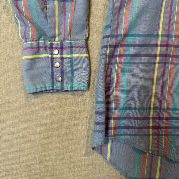 Vintage Wrangler Western Shirt XL Pastel Plaid Pearl Snap Cowboy Shirt Rodeo - Picture 4 of 11
